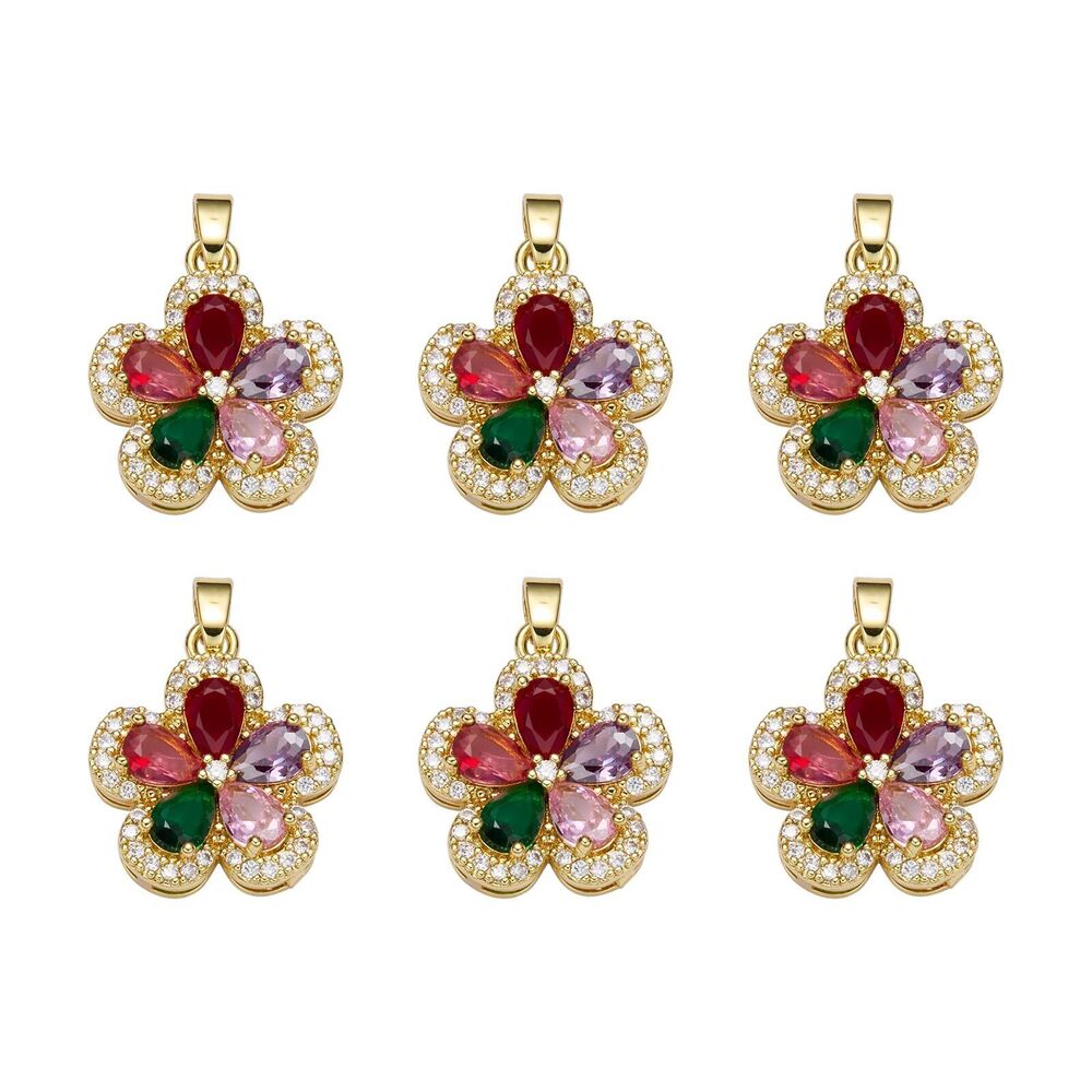 7725 6 Pcs Flower Charms for Jewelry Making Brass Pendants with Cubic